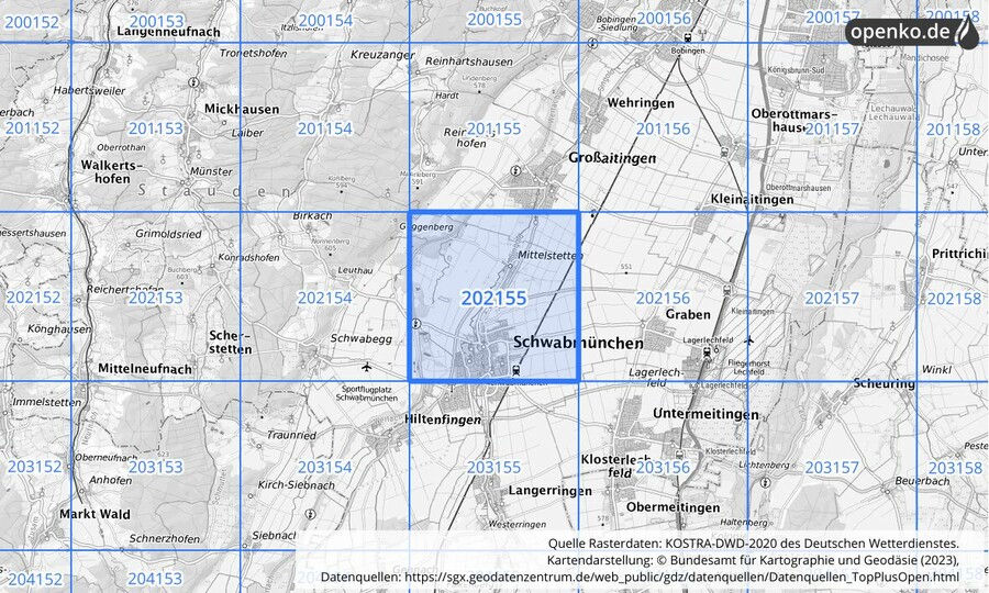 Übersichtskarte des KOSTRA-DWD-2020-Rasterfeldes Nr. 202155