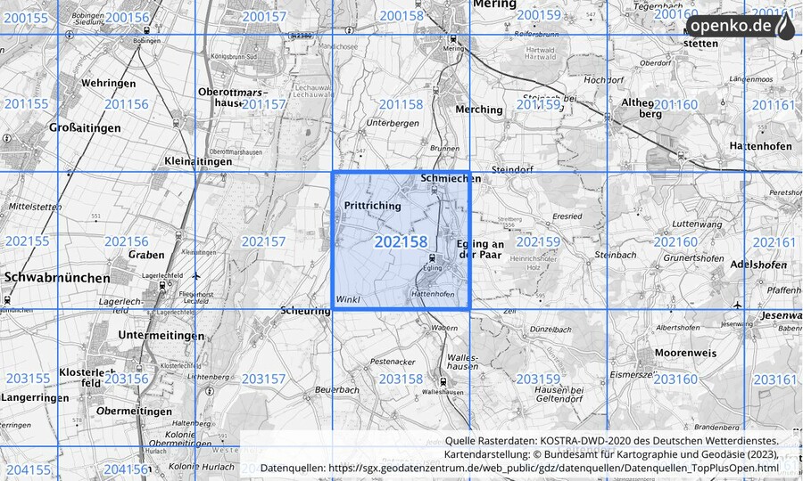 Übersichtskarte des KOSTRA-DWD-2020-Rasterfeldes Nr. 202158