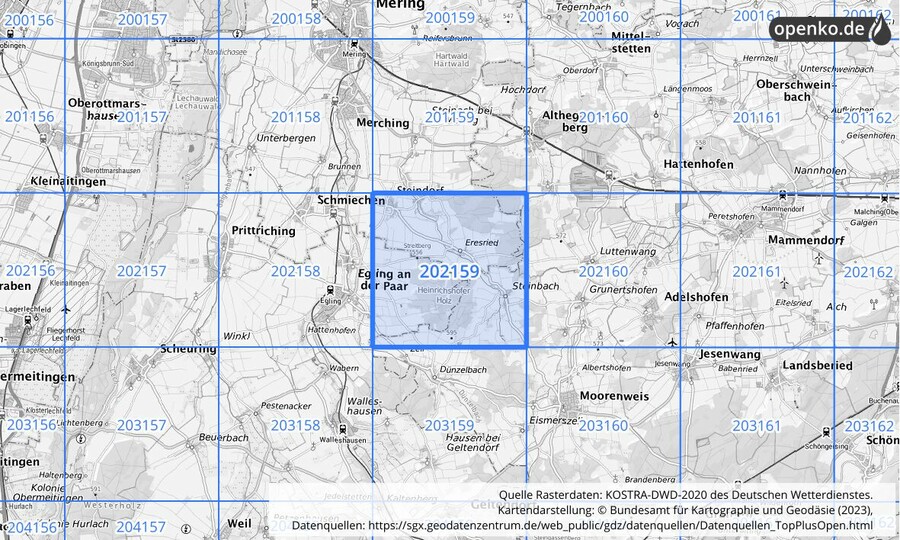 Übersichtskarte des KOSTRA-DWD-2020-Rasterfeldes Nr. 202159