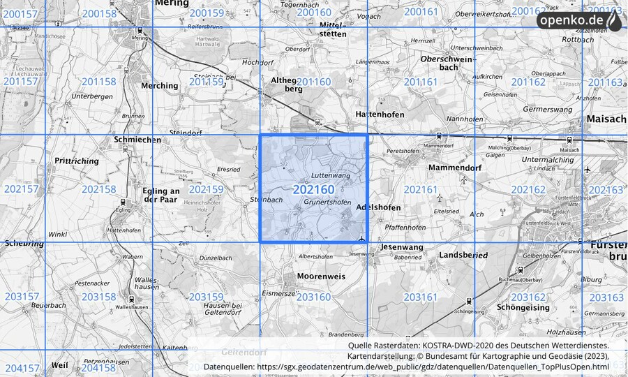 Übersichtskarte des KOSTRA-DWD-2020-Rasterfeldes Nr. 202160