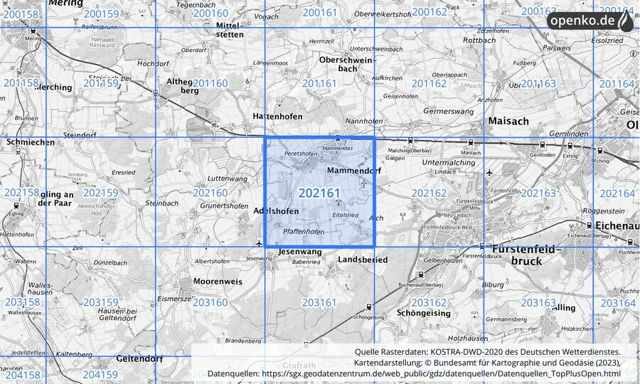 Übersichtskarte des KOSTRA-DWD-2020-Rasterfeldes Nr. 202161