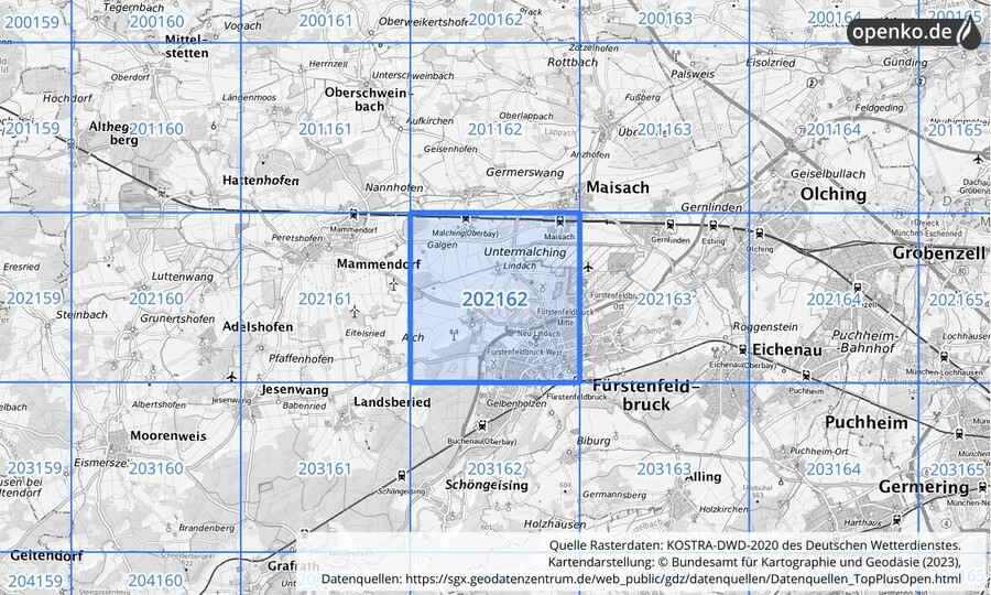 Übersichtskarte des KOSTRA-DWD-2020-Rasterfeldes Nr. 202162