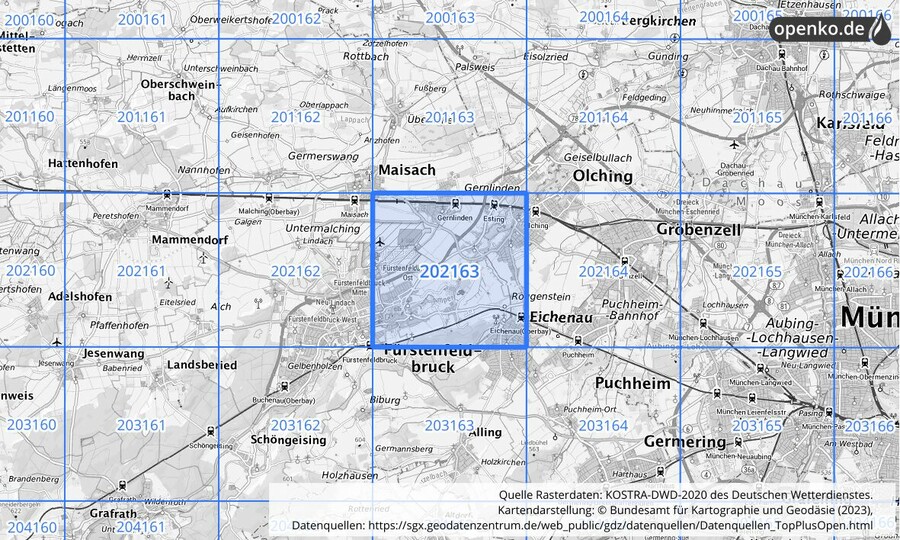 Übersichtskarte des KOSTRA-DWD-2020-Rasterfeldes Nr. 202163