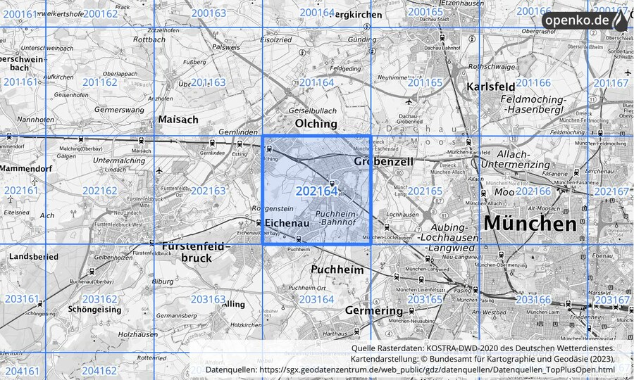 Übersichtskarte des KOSTRA-DWD-2020-Rasterfeldes Nr. 202164