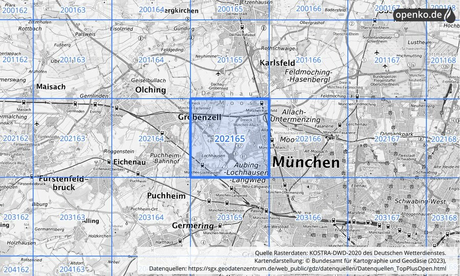 Übersichtskarte des KOSTRA-DWD-2020-Rasterfeldes Nr. 202165