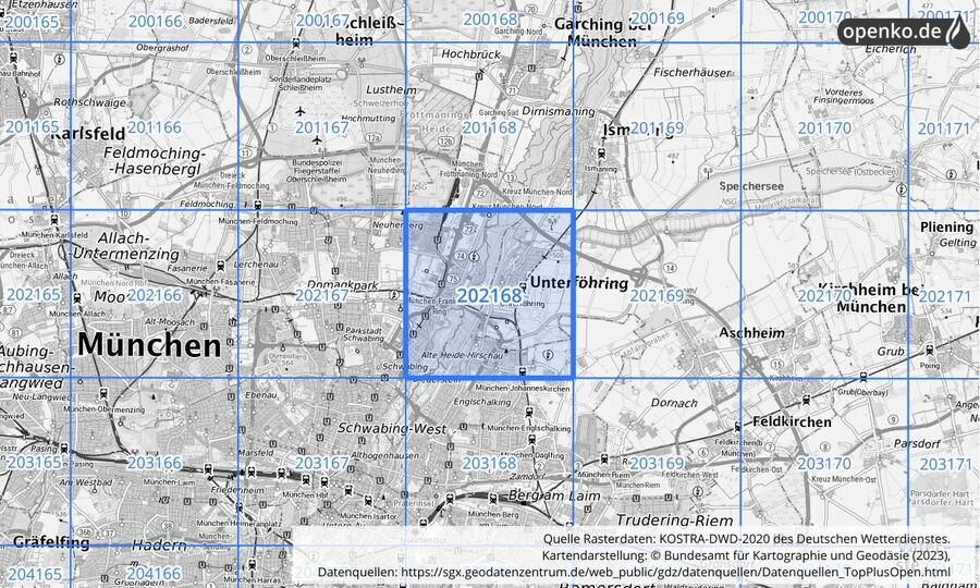 Übersichtskarte des KOSTRA-DWD-2020-Rasterfeldes Nr. 202168