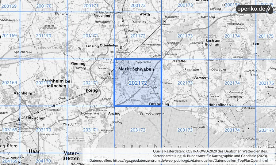 Übersichtskarte des KOSTRA-DWD-2020-Rasterfeldes Nr. 202172