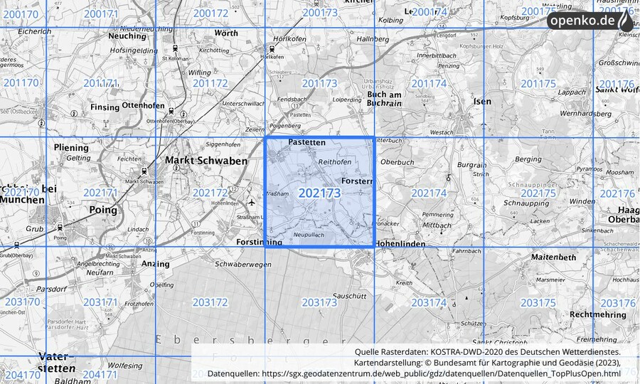 Übersichtskarte des KOSTRA-DWD-2020-Rasterfeldes Nr. 202173