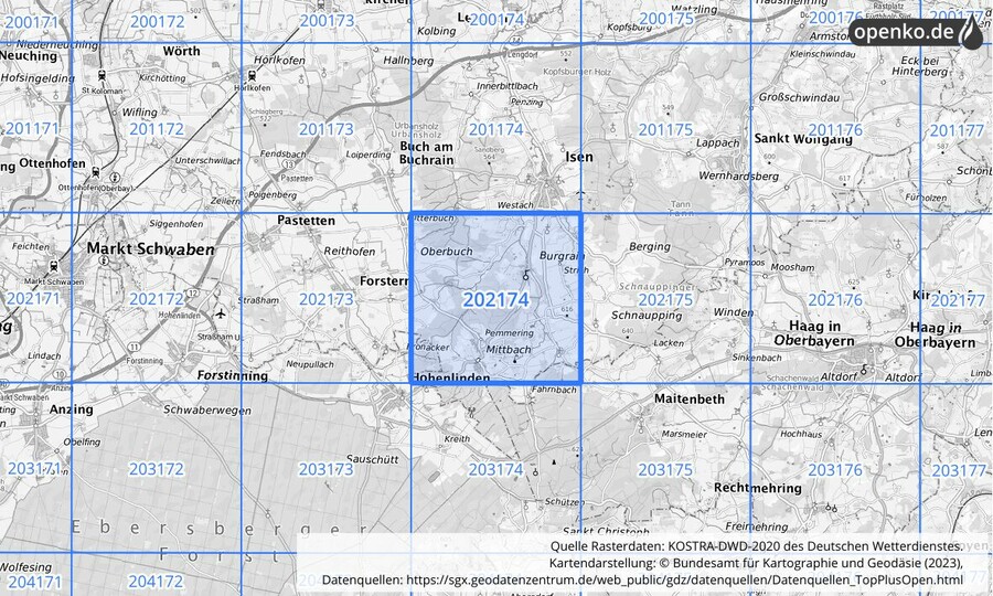 Übersichtskarte des KOSTRA-DWD-2020-Rasterfeldes Nr. 202174