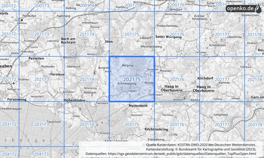 Übersichtskarte des KOSTRA-DWD-2020-Rasterfeldes Nr. 202175