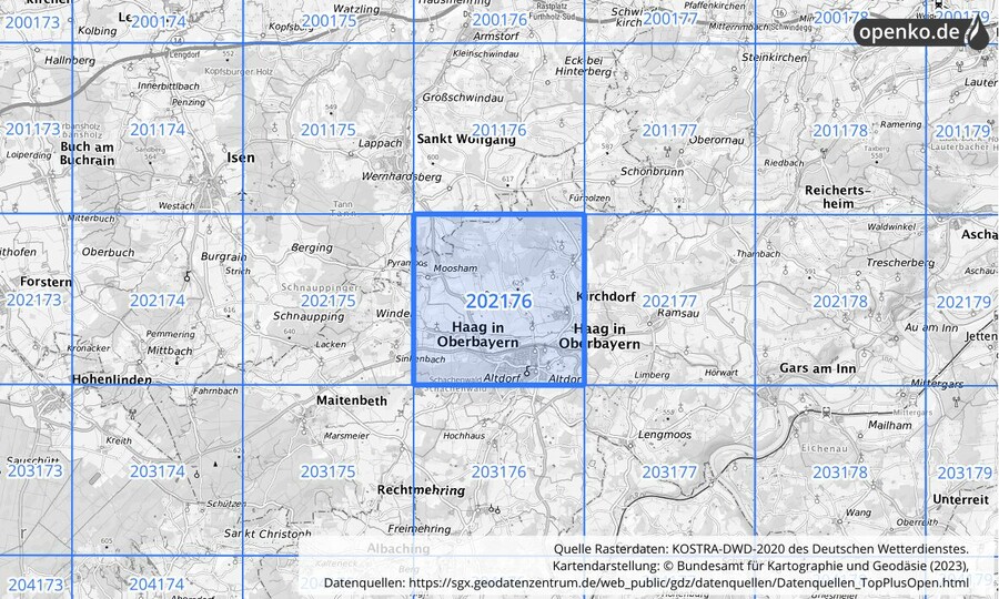 Übersichtskarte des KOSTRA-DWD-2020-Rasterfeldes Nr. 202176