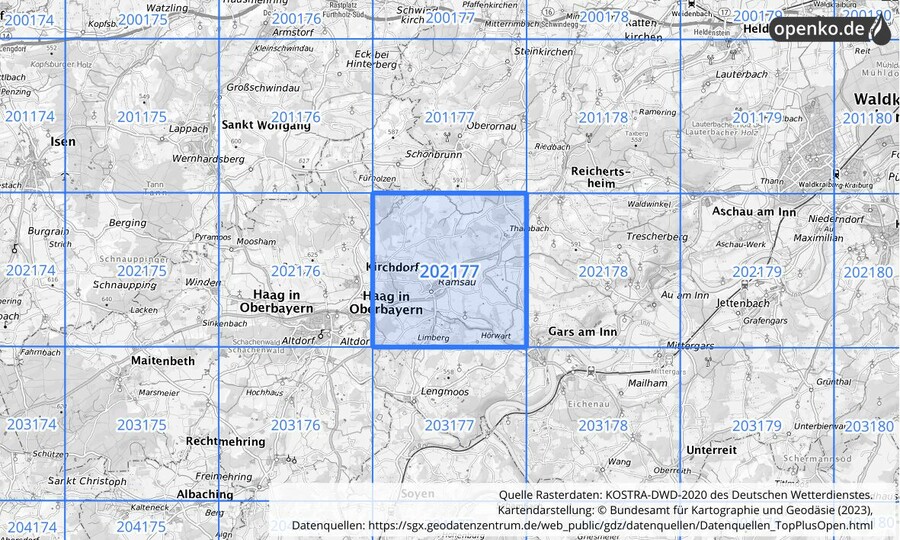 Übersichtskarte des KOSTRA-DWD-2020-Rasterfeldes Nr. 202177