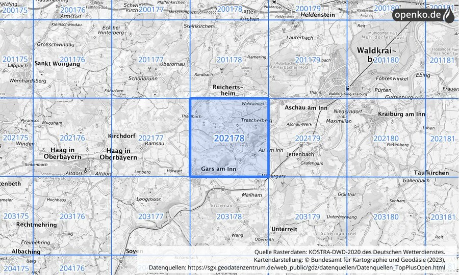 Übersichtskarte des KOSTRA-DWD-2020-Rasterfeldes Nr. 202178
