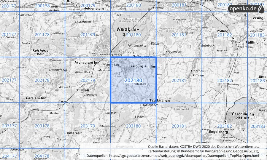 Übersichtskarte des KOSTRA-DWD-2020-Rasterfeldes Nr. 202180