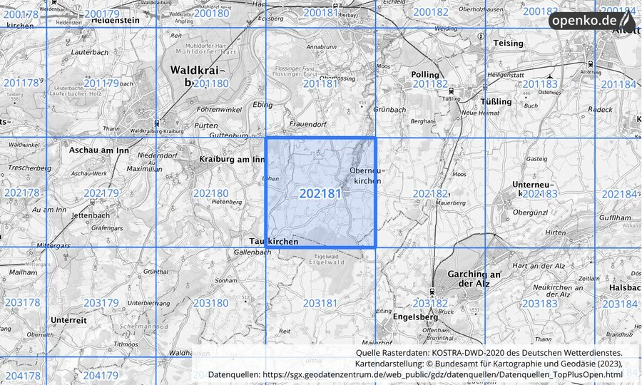 Übersichtskarte des KOSTRA-DWD-2020-Rasterfeldes Nr. 202181