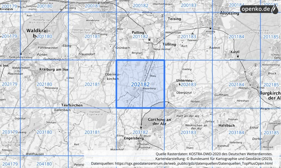 Übersichtskarte des KOSTRA-DWD-2020-Rasterfeldes Nr. 202182