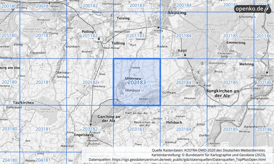 Übersichtskarte des KOSTRA-DWD-2020-Rasterfeldes Nr. 202183