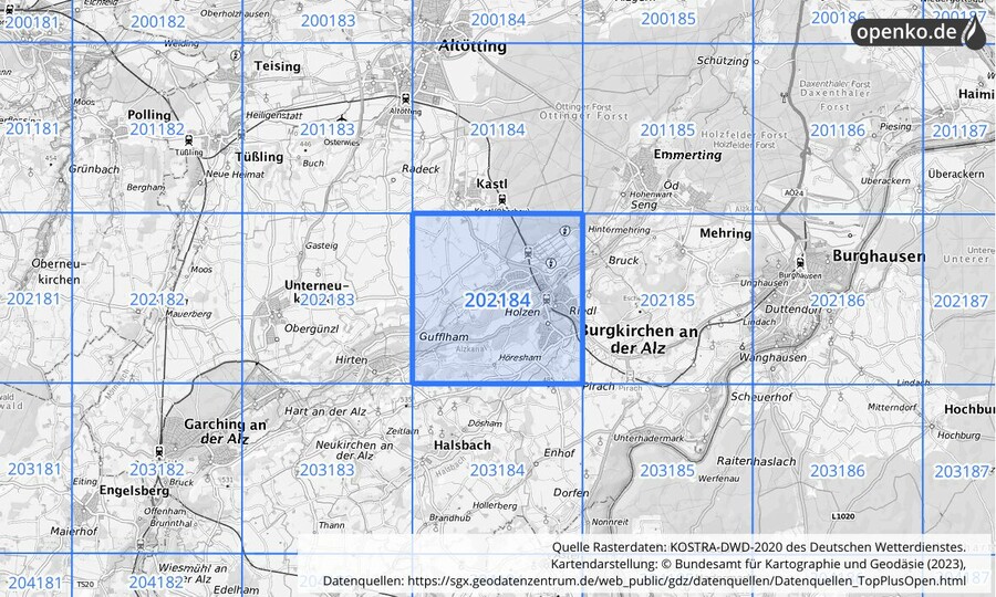 Übersichtskarte des KOSTRA-DWD-2020-Rasterfeldes Nr. 202184