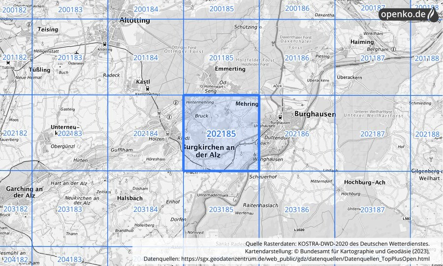 Übersichtskarte des KOSTRA-DWD-2020-Rasterfeldes Nr. 202185