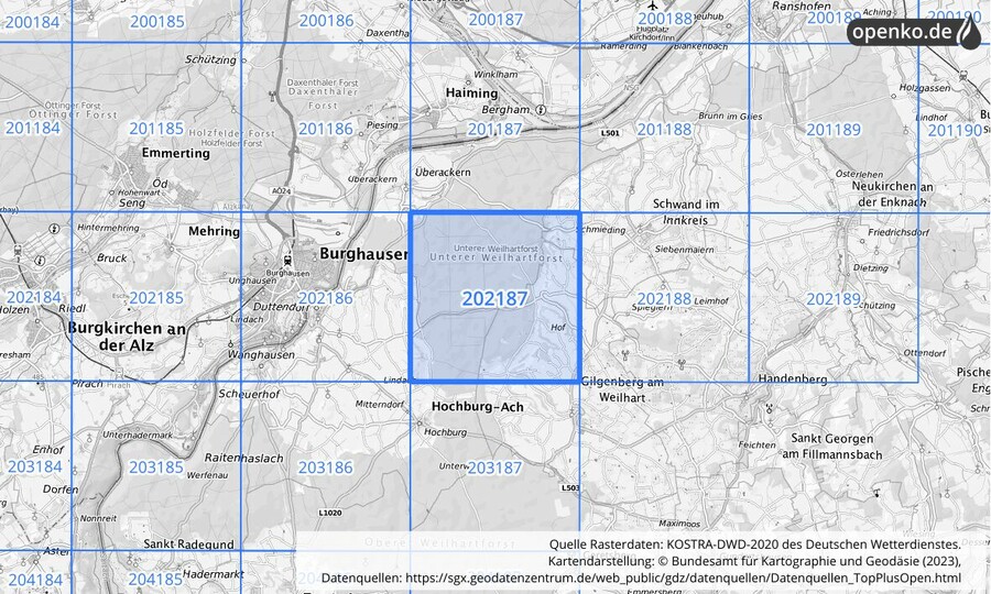 Übersichtskarte des KOSTRA-DWD-2020-Rasterfeldes Nr. 202187