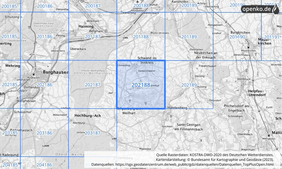 Übersichtskarte des KOSTRA-DWD-2020-Rasterfeldes Nr. 202188