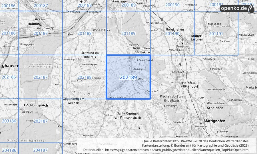 Übersichtskarte des KOSTRA-DWD-2020-Rasterfeldes Nr. 202189