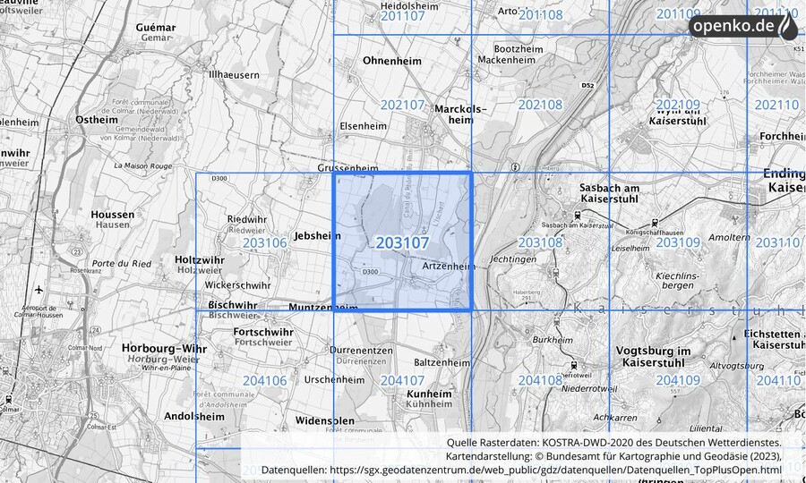 Übersichtskarte des KOSTRA-DWD-2020-Rasterfeldes Nr. 203107