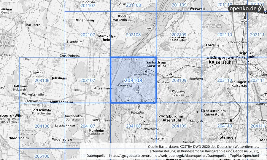 Übersichtskarte des KOSTRA-DWD-2020-Rasterfeldes Nr. 203108