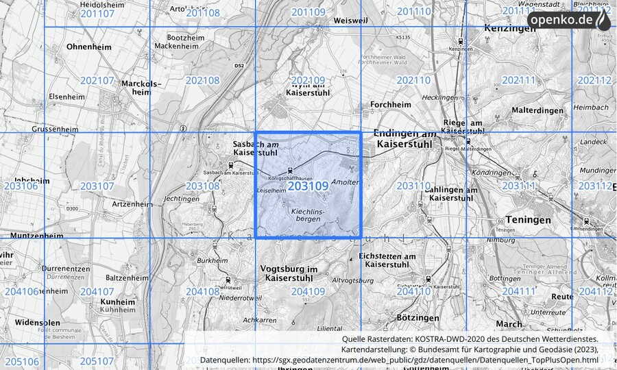 Übersichtskarte des KOSTRA-DWD-2020-Rasterfeldes Nr. 203109