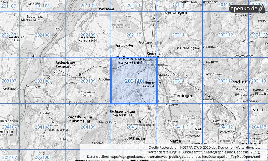 Übersichtskarte des KOSTRA-DWD-2020-Rasterfeldes Nr. 203110