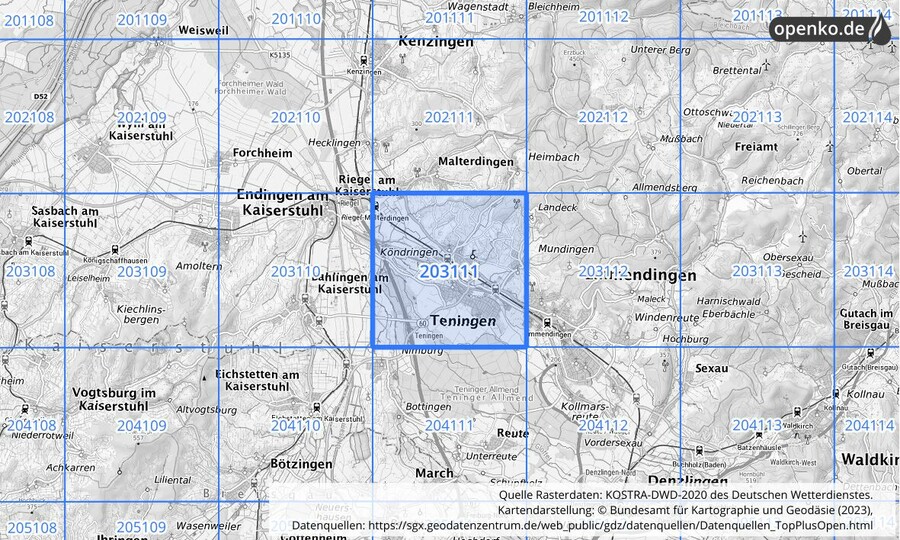 Übersichtskarte des KOSTRA-DWD-2020-Rasterfeldes Nr. 203111