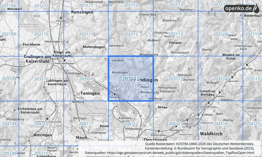 Übersichtskarte des KOSTRA-DWD-2020-Rasterfeldes Nr. 203112