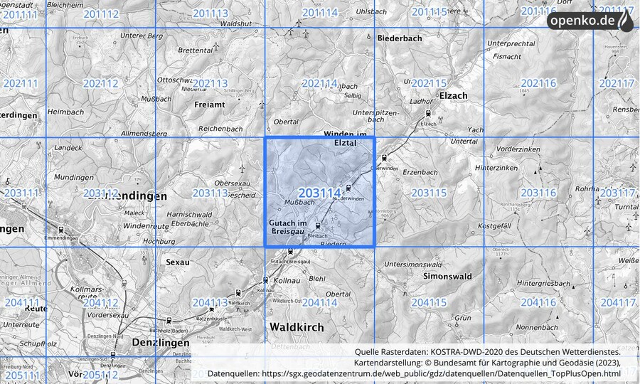 Übersichtskarte des KOSTRA-DWD-2020-Rasterfeldes Nr. 203114