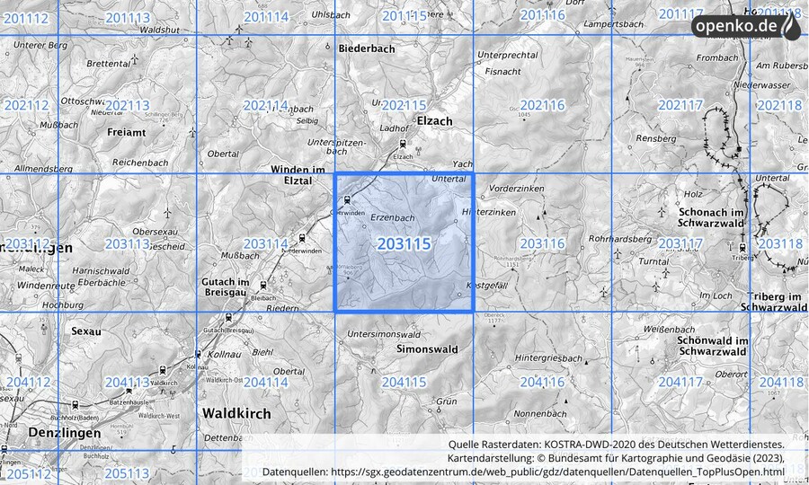 Übersichtskarte des KOSTRA-DWD-2020-Rasterfeldes Nr. 203115