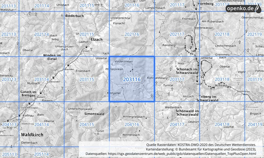 Übersichtskarte des KOSTRA-DWD-2020-Rasterfeldes Nr. 203116