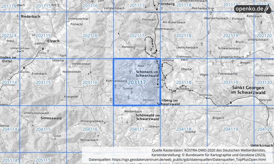 Übersichtskarte des KOSTRA-DWD-2020-Rasterfeldes Nr. 203117
