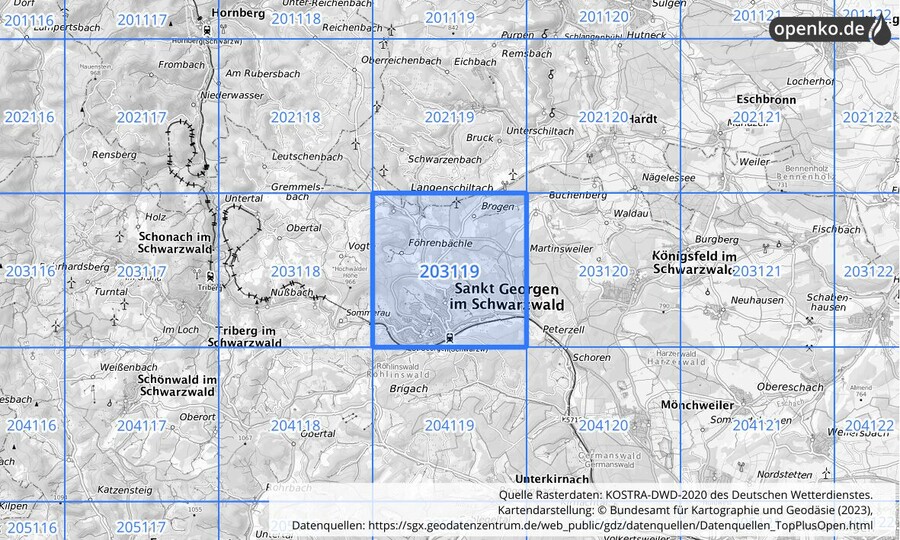 Übersichtskarte des KOSTRA-DWD-2020-Rasterfeldes Nr. 203119
