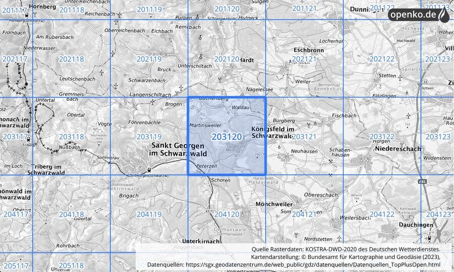 Übersichtskarte des KOSTRA-DWD-2020-Rasterfeldes Nr. 203120