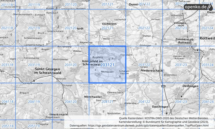 Übersichtskarte des KOSTRA-DWD-2020-Rasterfeldes Nr. 203121