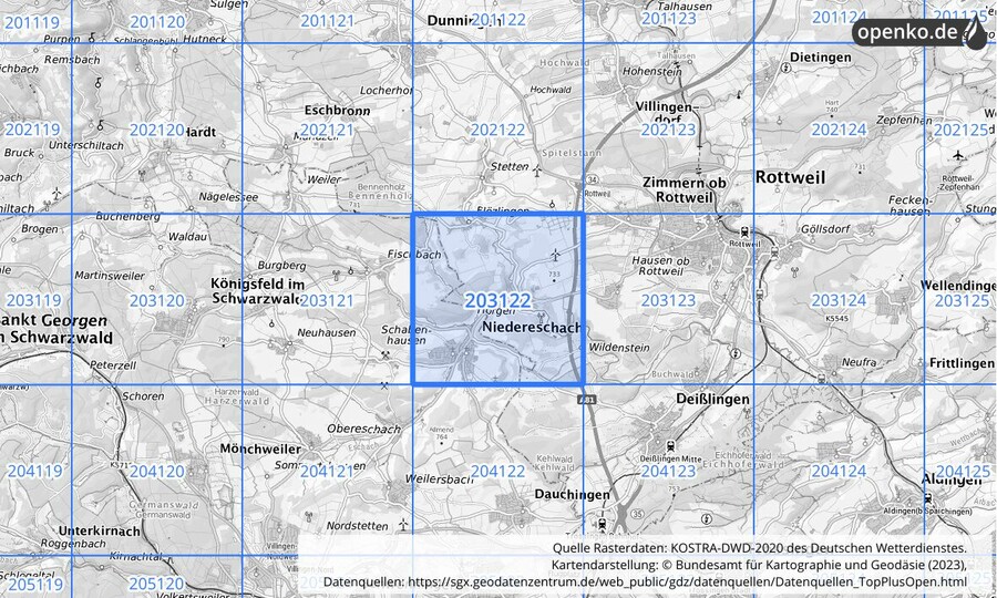 Übersichtskarte des KOSTRA-DWD-2020-Rasterfeldes Nr. 203122