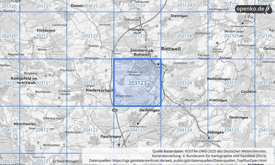 Übersichtskarte des KOSTRA-DWD-2020-Rasterfeldes Nr. 203123