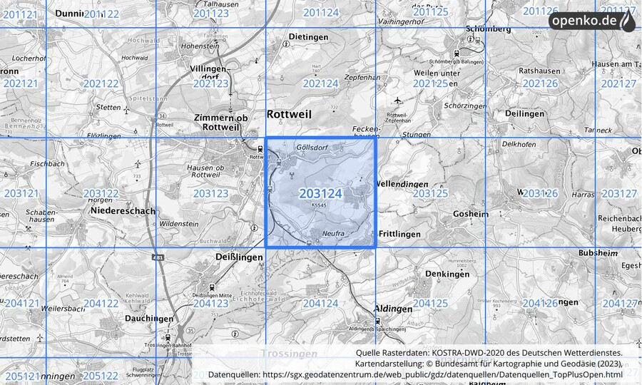 Übersichtskarte des KOSTRA-DWD-2020-Rasterfeldes Nr. 203124