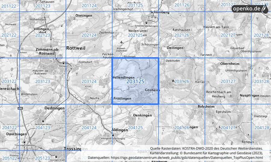 Übersichtskarte des KOSTRA-DWD-2020-Rasterfeldes Nr. 203125