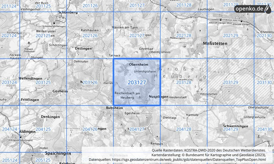 Übersichtskarte des KOSTRA-DWD-2020-Rasterfeldes Nr. 203127