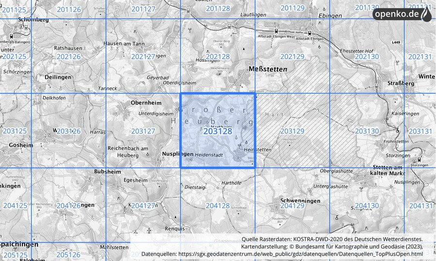 Übersichtskarte des KOSTRA-DWD-2020-Rasterfeldes Nr. 203128