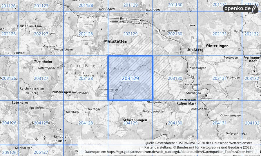 Übersichtskarte des KOSTRA-DWD-2020-Rasterfeldes Nr. 203129