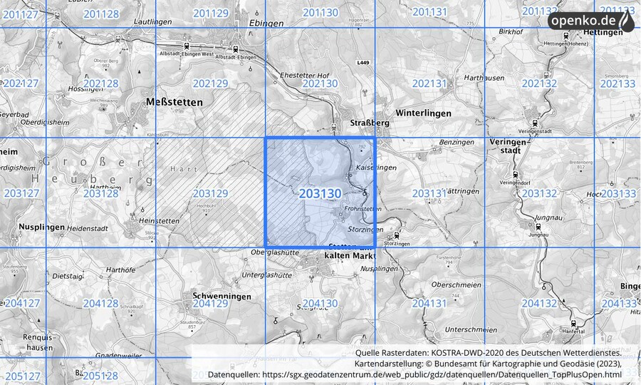 Übersichtskarte des KOSTRA-DWD-2020-Rasterfeldes Nr. 203130