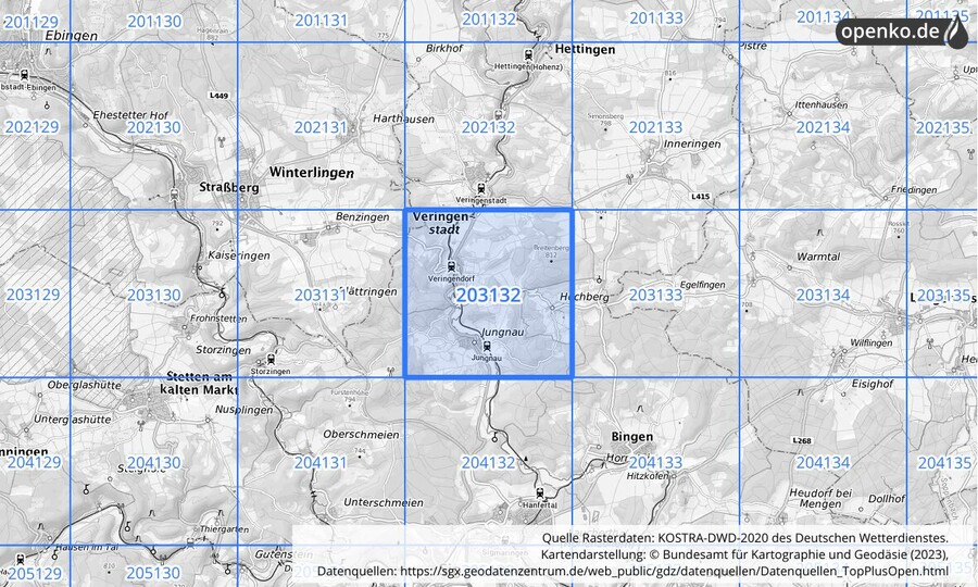 Übersichtskarte des KOSTRA-DWD-2020-Rasterfeldes Nr. 203132