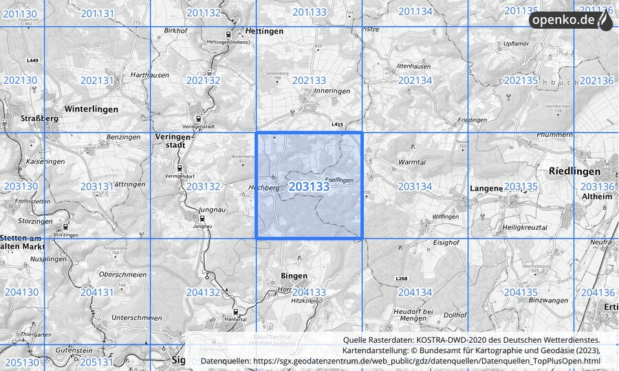 Übersichtskarte des KOSTRA-DWD-2020-Rasterfeldes Nr. 203133