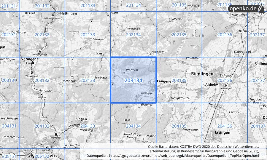 Übersichtskarte des KOSTRA-DWD-2020-Rasterfeldes Nr. 203134